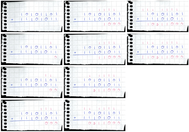 Pen-and-paper binary addition 10101101 + 11101011 = 110011000