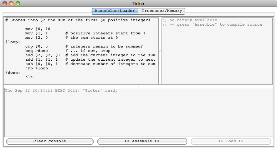 Ticker UI with the simple armlet assembly program presented above written to the text area.