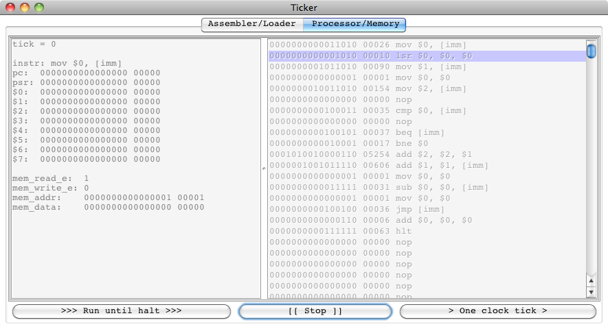 The program loaded into memory on the right and the state of the processor (registers etc.) on the left.