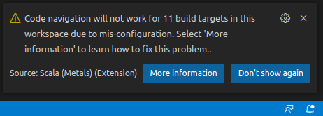 VS-code popup saying "Code navigation will not work for 11 build targets in this workspace due to mis-configuration...". This warning can be ignored.