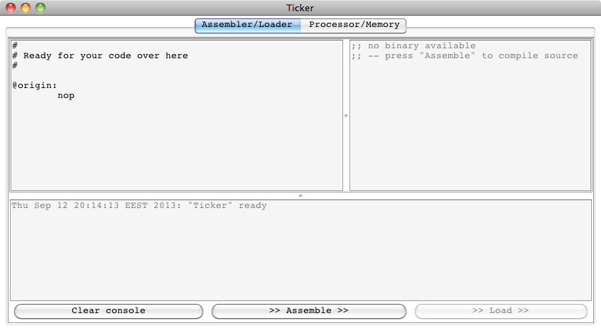 Ticker UI with text area for armlet assembly on the left, binary output window on the right and log console at the bottom.