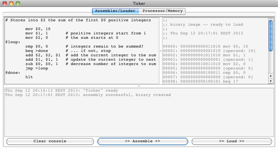 Ticker UI with the assembly program written to the text field on the left, and the corresponding binary output visible on the right.