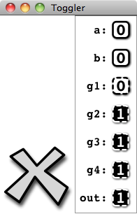 Toggler UI with InputElements a and b, and logic gate values g1, g2, g3, g4 and out.